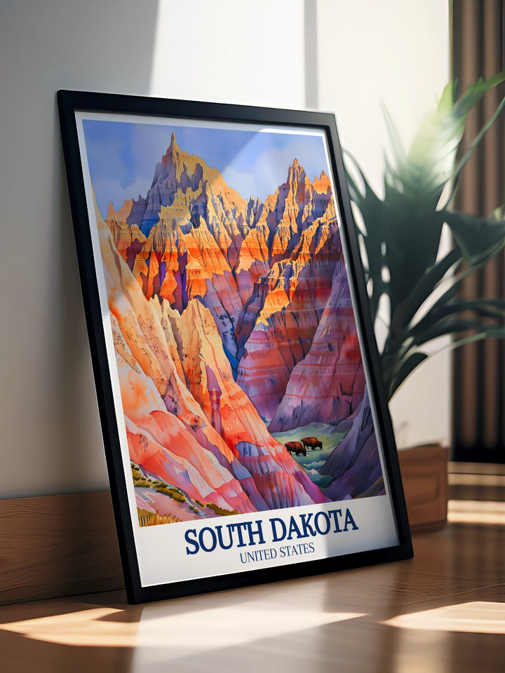 Beautiful South Dakota poster showcasing the majesty of Badlands National Park bison an exquisite addition to modern art collections and birthday gifts