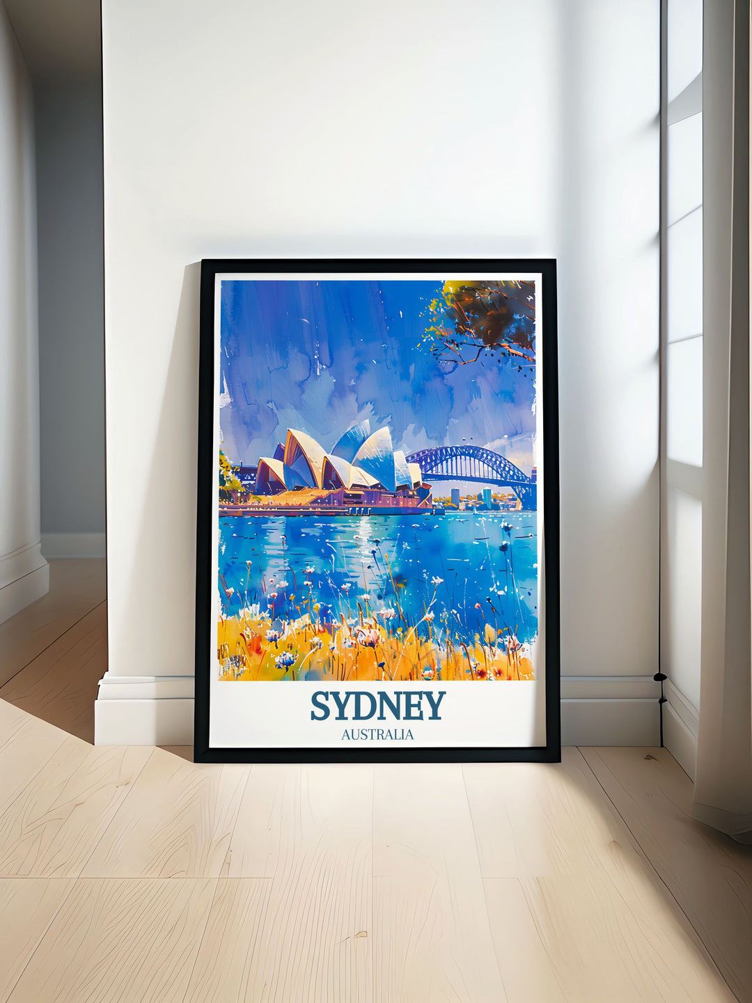 Beautiful Sydney Harbour Bridge and Sydney Opera House artwork in a vintage travel print capturing the iconic landmarks of Sydney perfect for adding a touch of Australia to your home decor or as a thoughtful gift for travel enthusiasts and art lovers