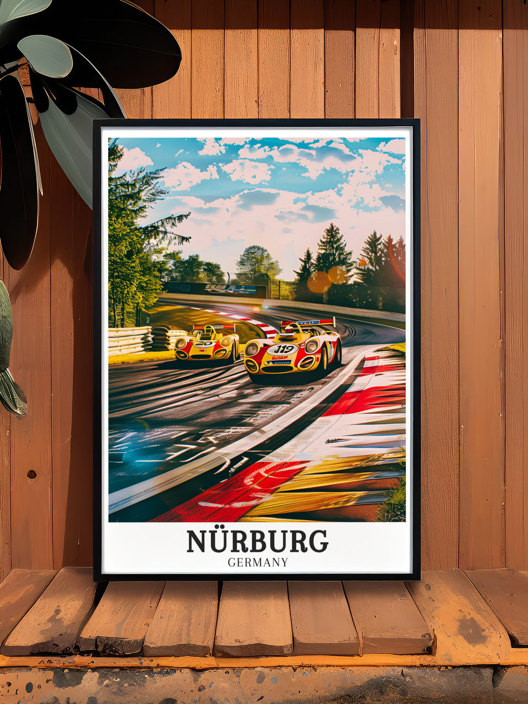 This framed poster showcases Nürburgs legendary Nürburgring track, which has hosted some of the greatest moments in Formula 1 history. A must have for racing enthusiasts, this print celebrates the high speed action of German motorsport.