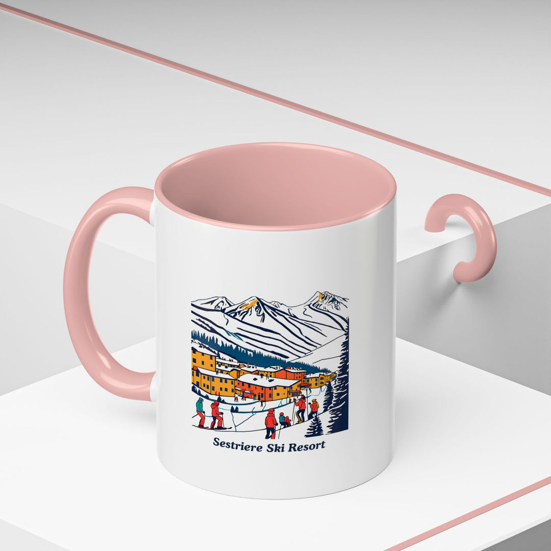 A unique Sestriere Ski Resort Mug featuring colorful artwork inspired by the slopes and snow-capped peaks of Sestriere. This dishwasher-safe ceramic mug is a great addition to any collection or a thoughtful gift.