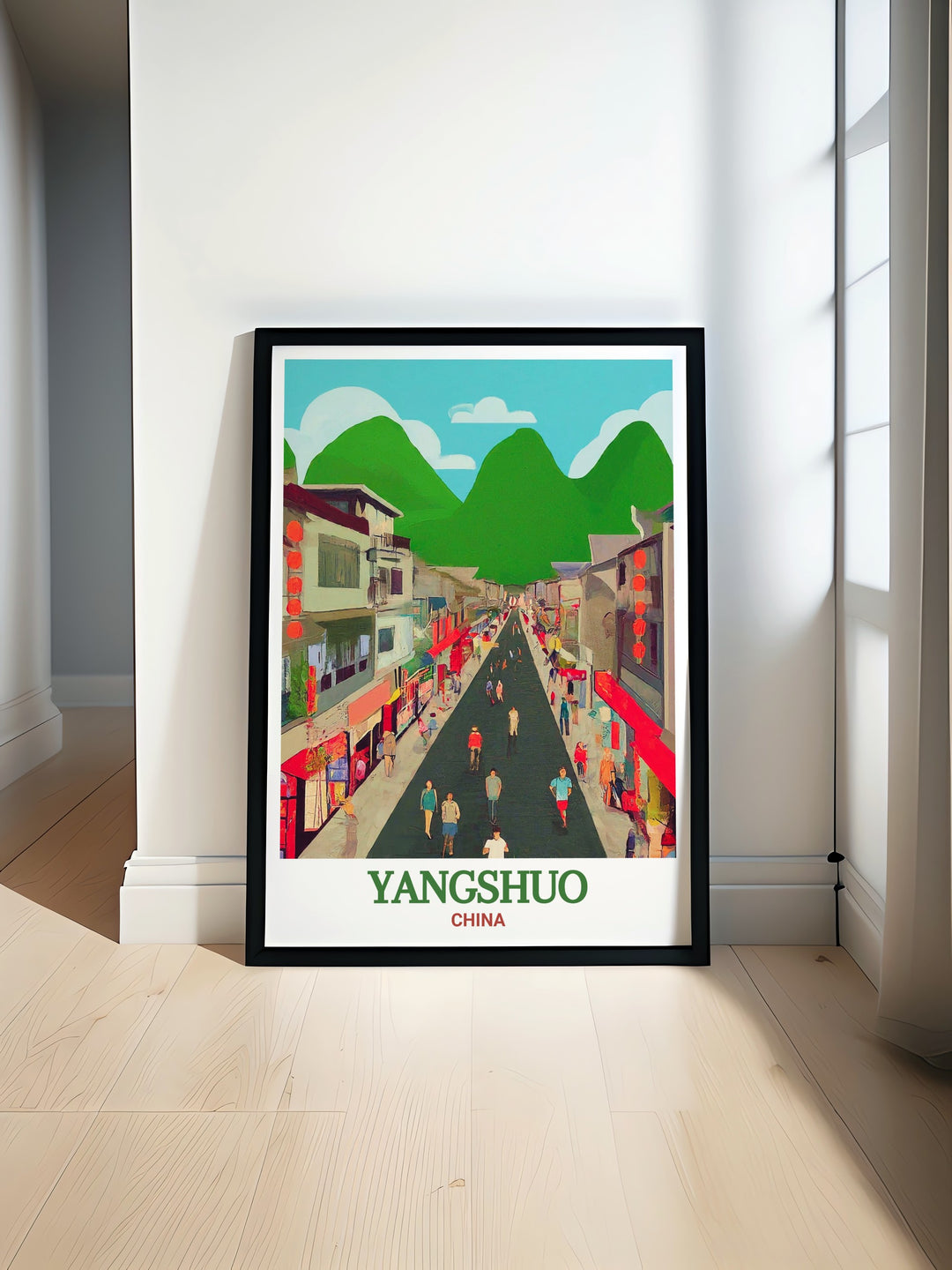 A modern canvas print of Yangshuos West Street, highlighting its iconic mix of vibrant markets, unique shops, and cultural experiences. Perfect for anyone looking to celebrate their travels or love of world destinations.