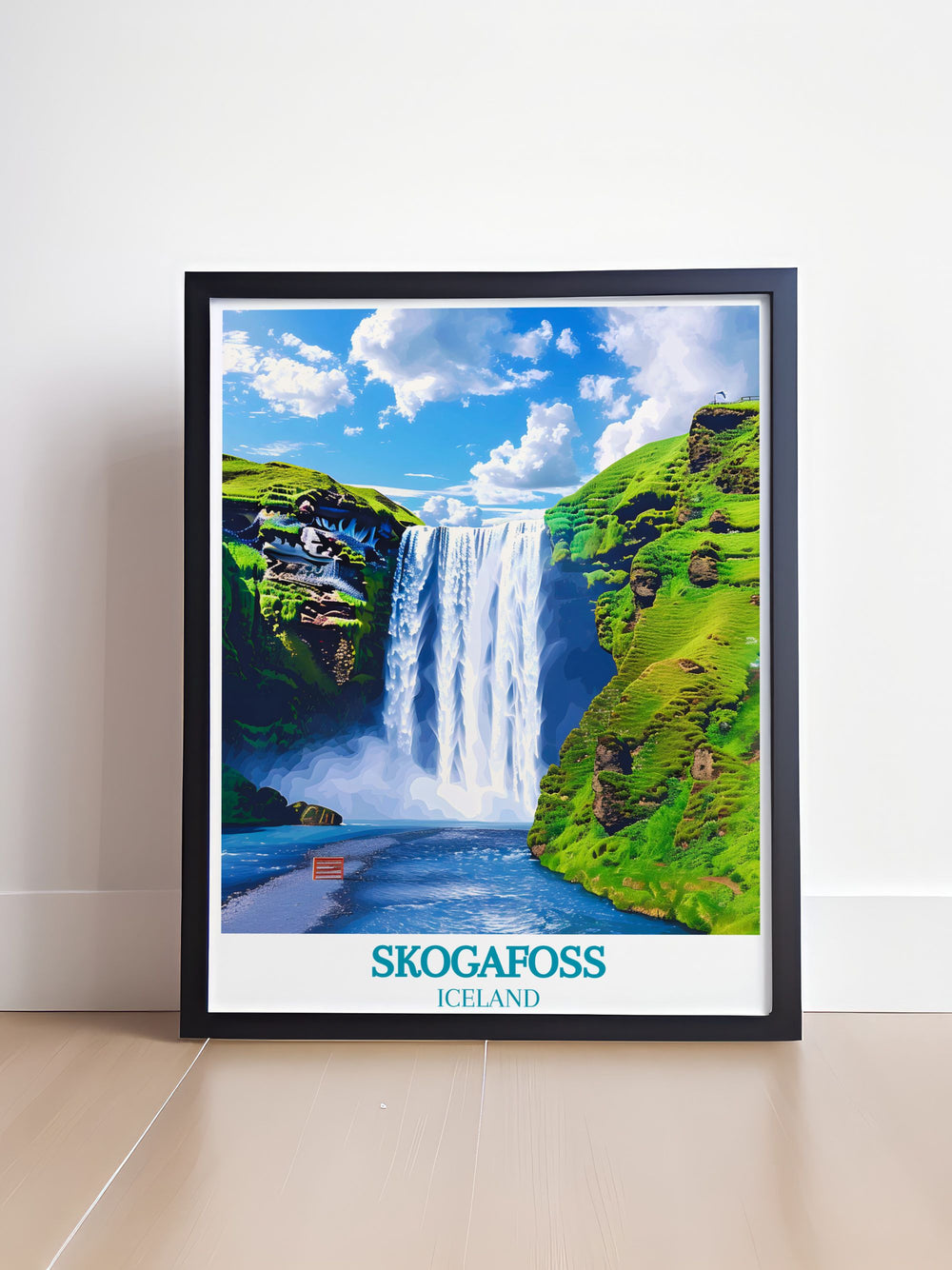 Experience the awe inspiring Skogafoss in Iceland with this detailed art print, capturing the powerful cascade and the lush green landscape surrounding it.