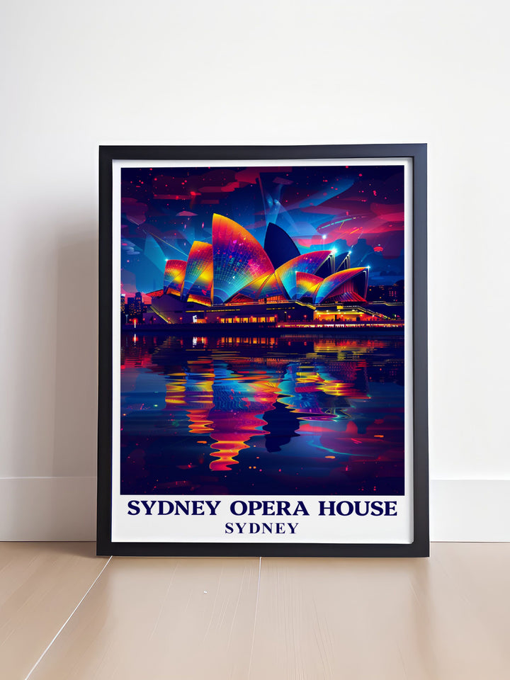 Vintage poster of Sydney Harbour featuring the Sydney Opera House and its iconic sails capturing the magic of Australias famous harbor in a beautiful and nostalgic illustration