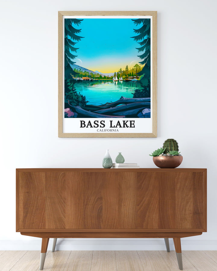 Yosemite California Poster showcasing Bass Lake surrounded by the natural beauty of The Pines Resort Sierra Nevada Mountains this USA travel poster adds a touch of elegance to any living space perfect for those who love exploring national parks.