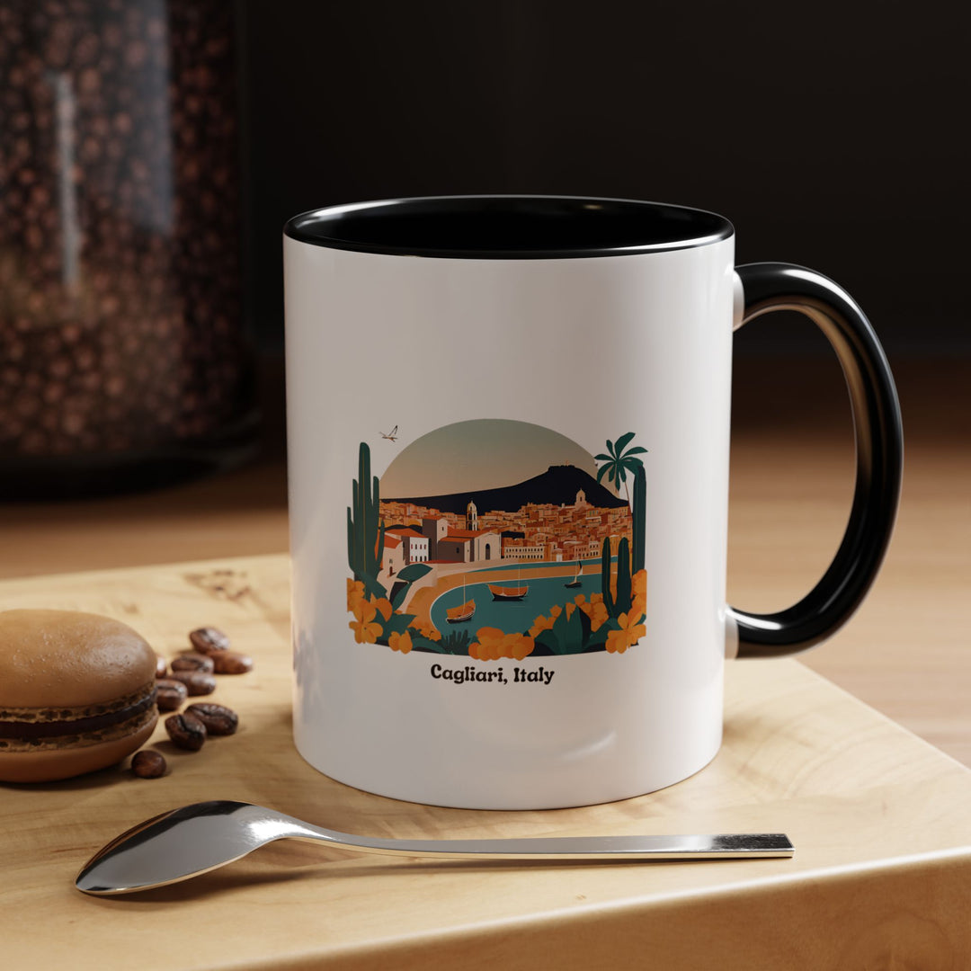 A colorful Cagliari Sardinia Mug featuring artistic designs that capture the spirit of Italy. Made from durable ceramic, this dishwasher-safe mug is perfect for coffee or tea lovers and as a decorative piece or travel keepsake.