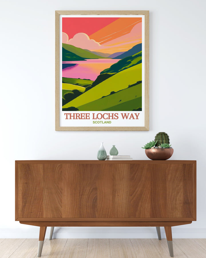 Our Three Lochs Way travel poster captures the beauty of Scotlands iconic trails, highlighting the scenic views of Gare Loch and Inveruglas. This framed art is an ideal gift for hiking enthusiasts and those who love the natural beauty of the Scottish Highlands.