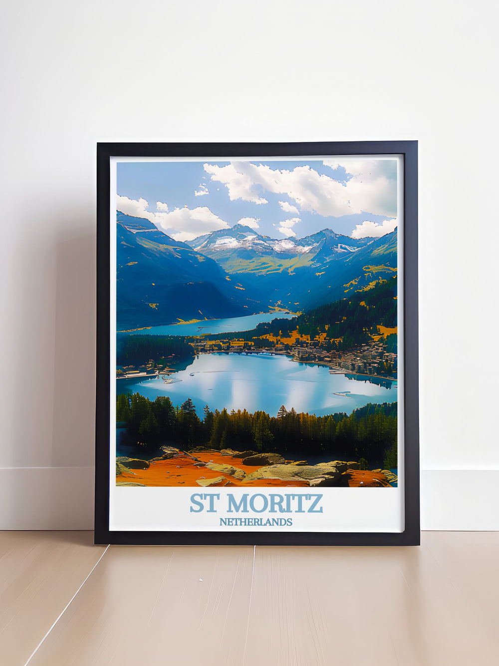 Discover the breathtaking landscapes and rich history of St Moritz through this vibrant poster, showcasing the elegance and adventure of Switzerlands iconic alpine resort.