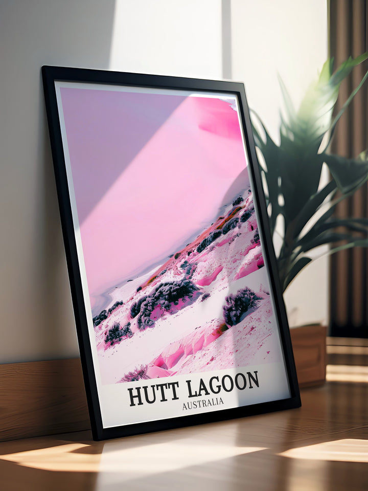 Transform your living space with the stunning Hutt Lagoon Poster featuring the vibrant colors of Western Australia Coral Coast This Australia Travel Art piece is ideal for those looking to bring a piece of Australias natural wonders into their home decor