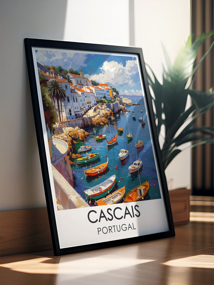 The historic beauty of Cascais is magnificently illustrated in this travel poster, showcasing its cobblestone streets and charming cafes. Ideal for history enthusiasts and lovers of European charm, this artwork brings the elegance of Cascais into your home.