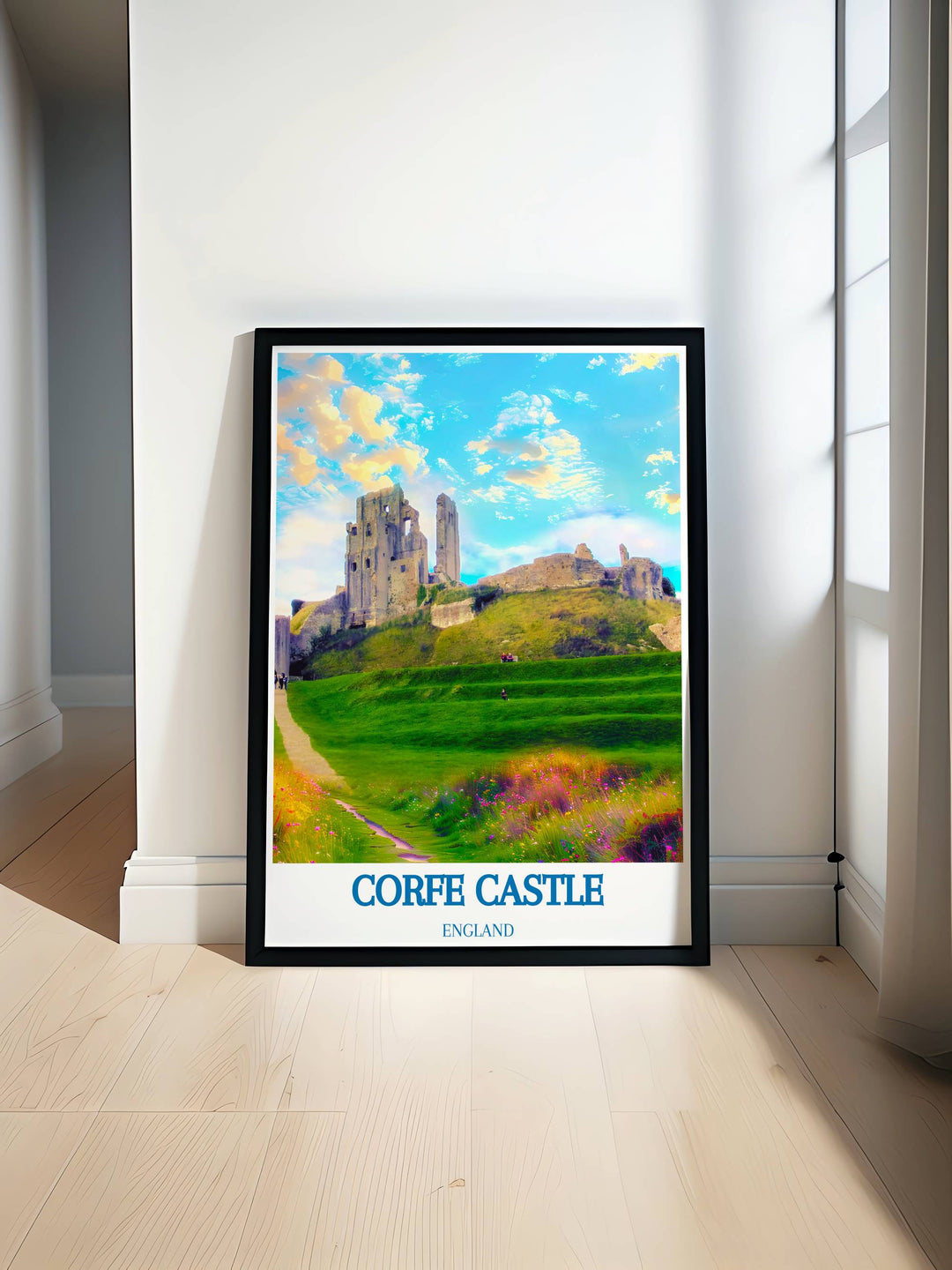 Corfe Castle artwork featuring the iconic English landmark surrounded by lush green hills perfect for adding a touch of history to your living room