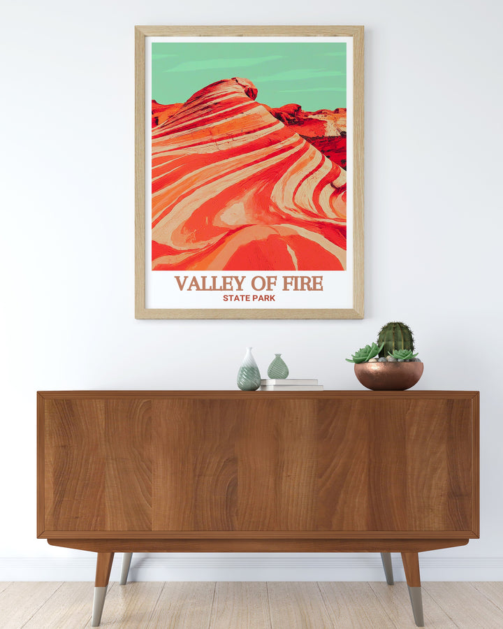 Valley of Fire State Park print featuring the Fire Wave. This artwork showcases the stunning red and white layers and the unique formation of the wave, perfect for anyone who loves Nevadas natural beauty and geological wonders.