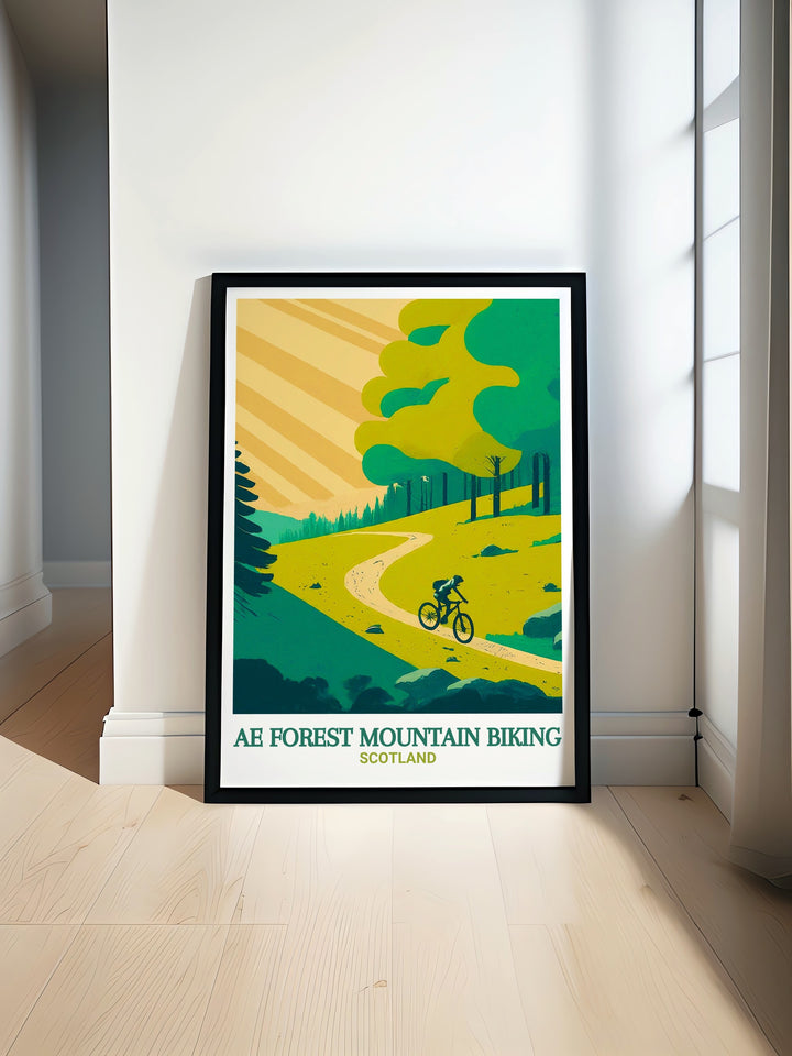 Featuring the iconic Talking Head Stane, this Ae Forest framed art print showcases the diverse beauty of Scotlands mountain biking haven. Perfect for MTB fans and outdoor enthusiasts alike.