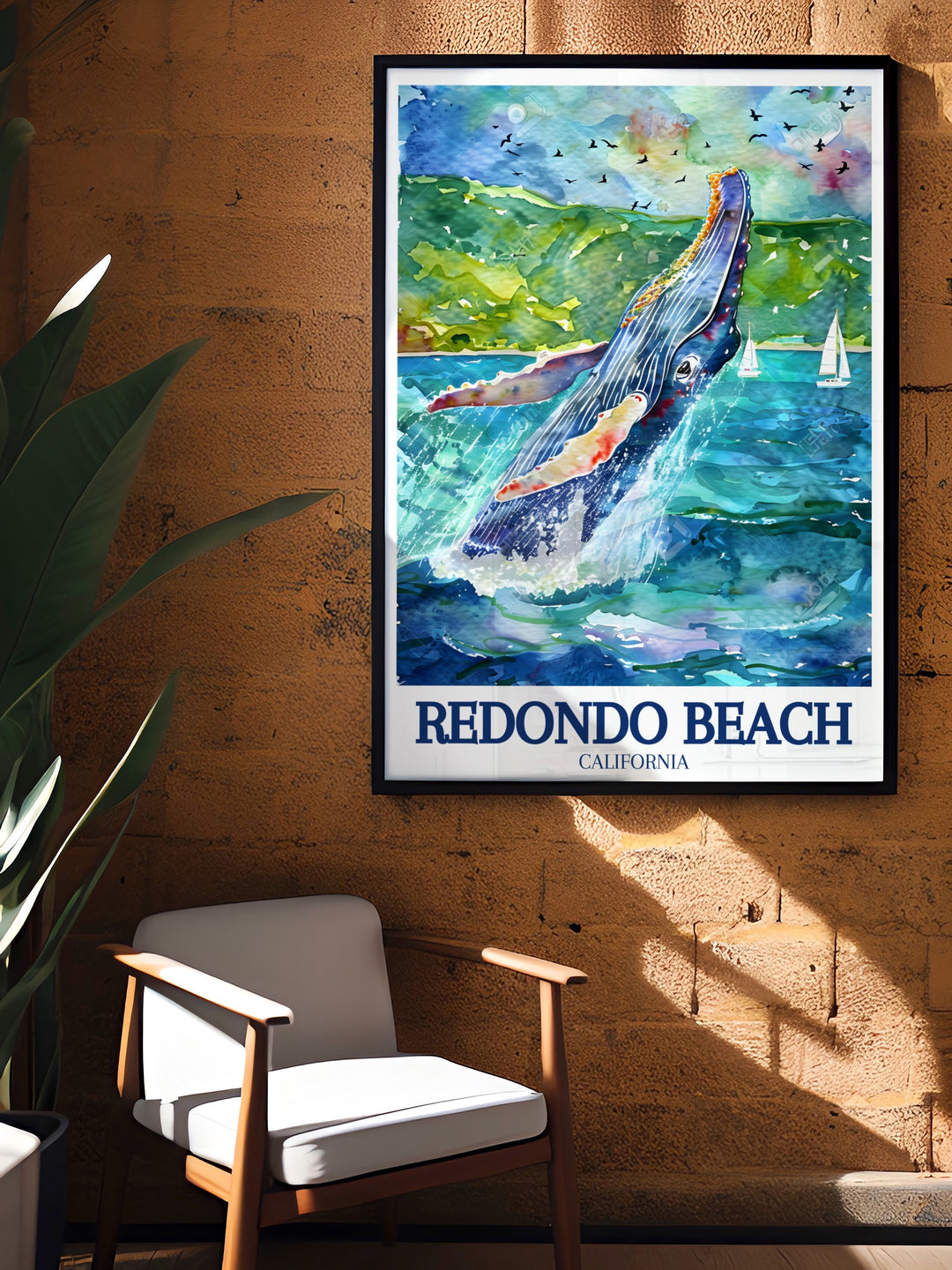 Redondo Beach wall print showcasing the iconic landmarks of Redondo Beach and the unforgettable whale watching experiences of Southern California. This travel poster is ideal for adding a touch of ocean inspired art to your home décor.