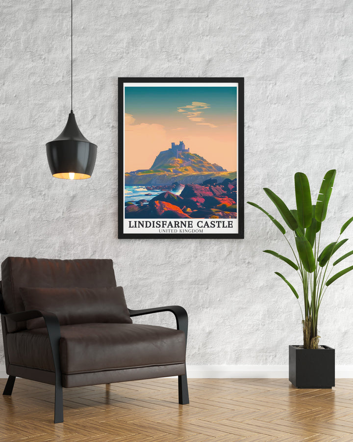 Northumberland Coastal Art featuring Lindisfarne Castle as the focal point, surrounded by the natural beauty of Holy Island and the North Sea. This artwork is perfect for anyone who loves British coastal landscapes and historic sites.