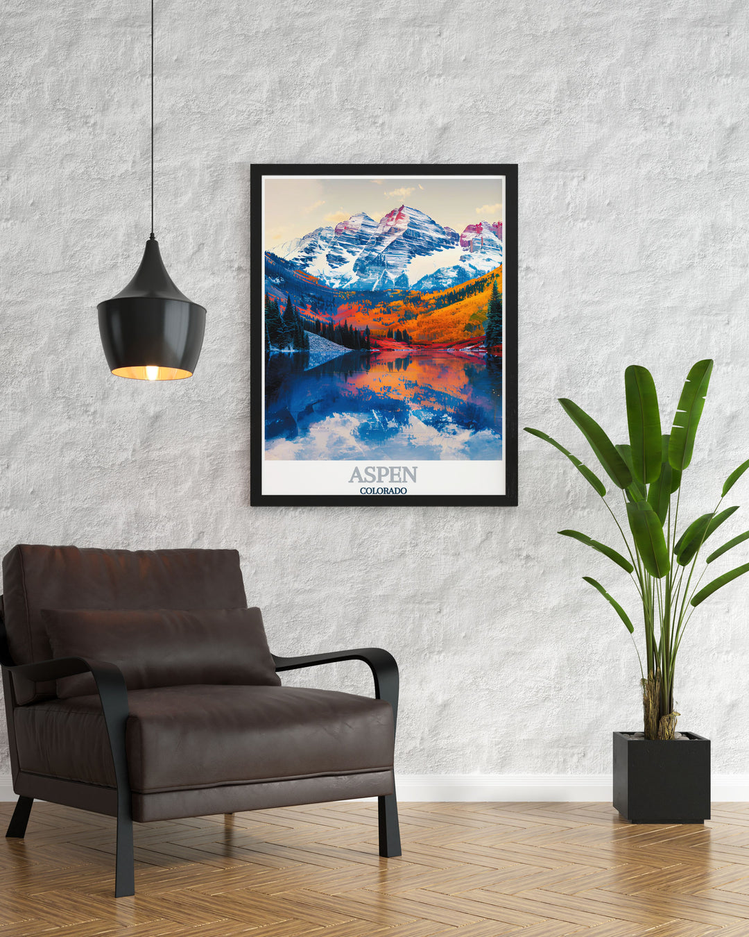 The Maroon Bells and the surrounding Rocky Mountains are beautifully depicted in this illustration, offering a scenic view of Colorados most photographed peaks and lush landscapes.