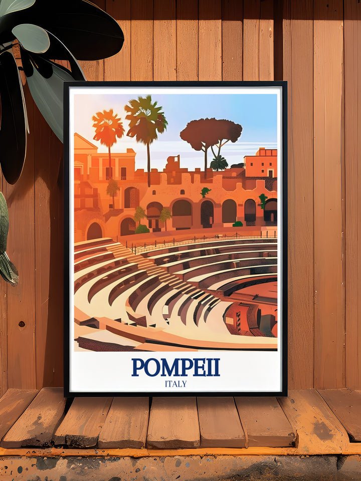 Pompeii travel poster featuring the historic landmarks of the ancient city, including the Herculaneum Gate and the Amphitheatre. This vintage style wall poster is perfect for adding a touch of Italian history and culture to your home décor.