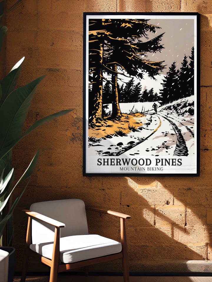 Sherwood Pines travel posters capturing the thrilling views of the Sticky Switchbacks in Edwinstowe, Nottinghamshire. Perfect for adding adventure to any decor, this travel wall art brings the dynamic landscapes and vibrant scenery of Sherwood Pines into your home. Each piece is meticulously crafted to reflect the excitement of mountain biking.