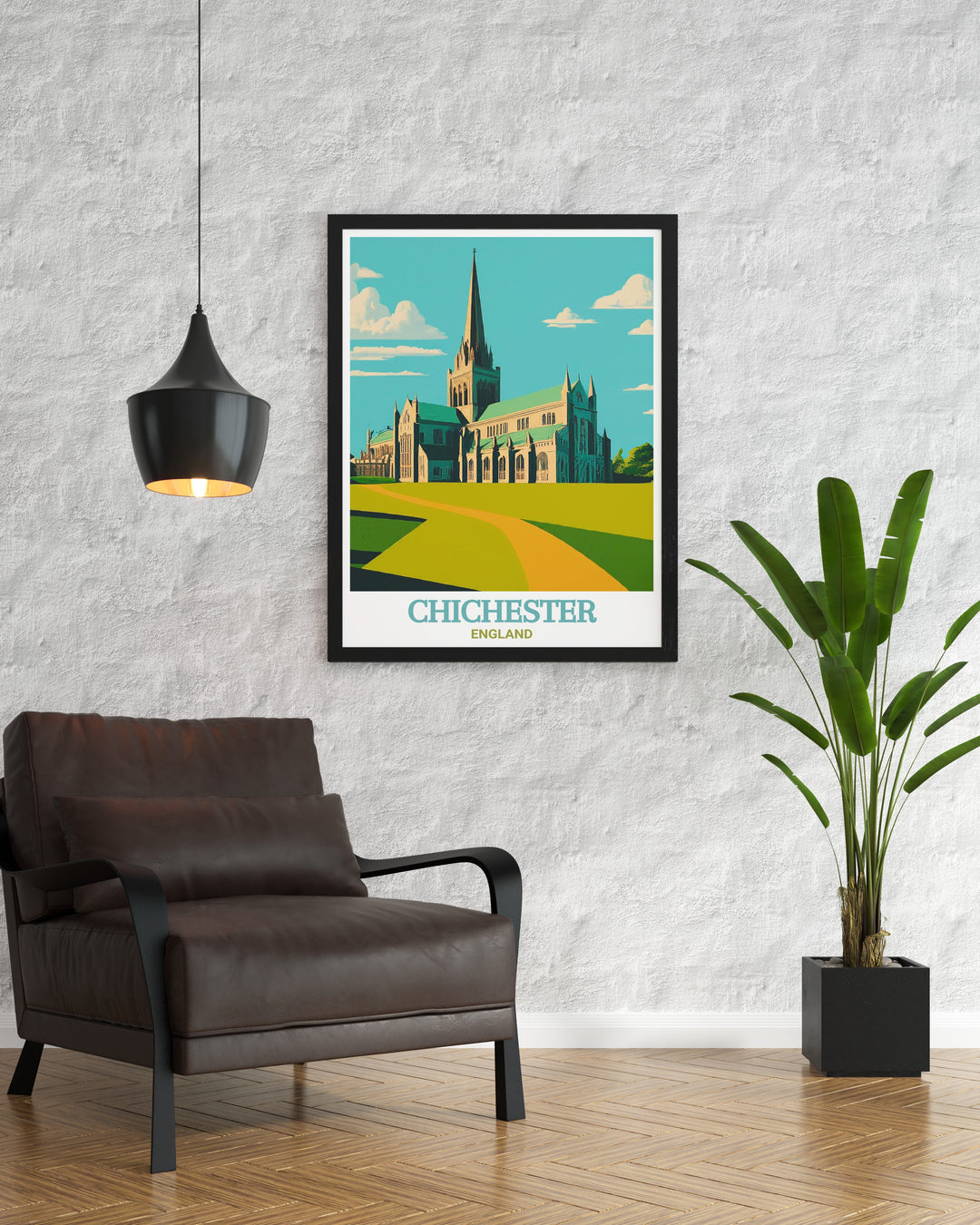 Add a touch of history and nature to your decor with this travel poster, featuring the majestic Chichester Cathedral and the serene beauty of Chichester Harbour, perfect for lovers of English landscapes.