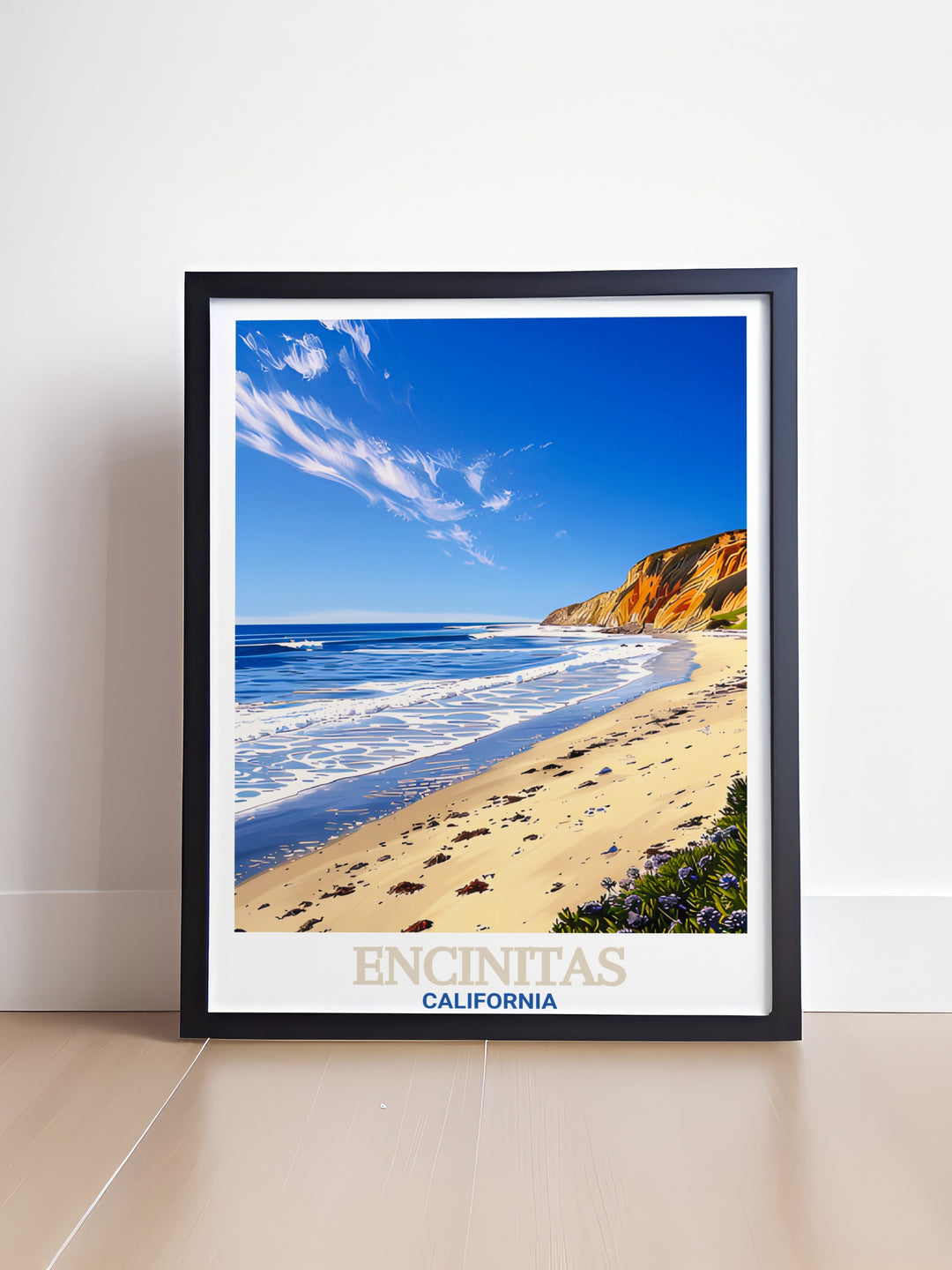 Swamis Beach canvas art captures the serene beauty of one of Encinitas most famous landmarks, with the waves of the Pacific Ocean glistening in the background. This travel print brings the spirit of Californias surf culture into your home.