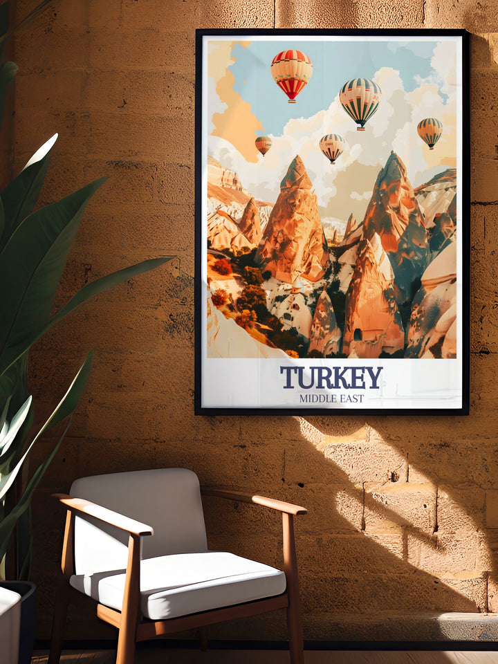 Transform your living room with this framed art print of Cappadocias Monks Valley. The earthy tones and captivating landscape make this travel print a perfect gift for anyone passionate about adventure and Turkish culture.