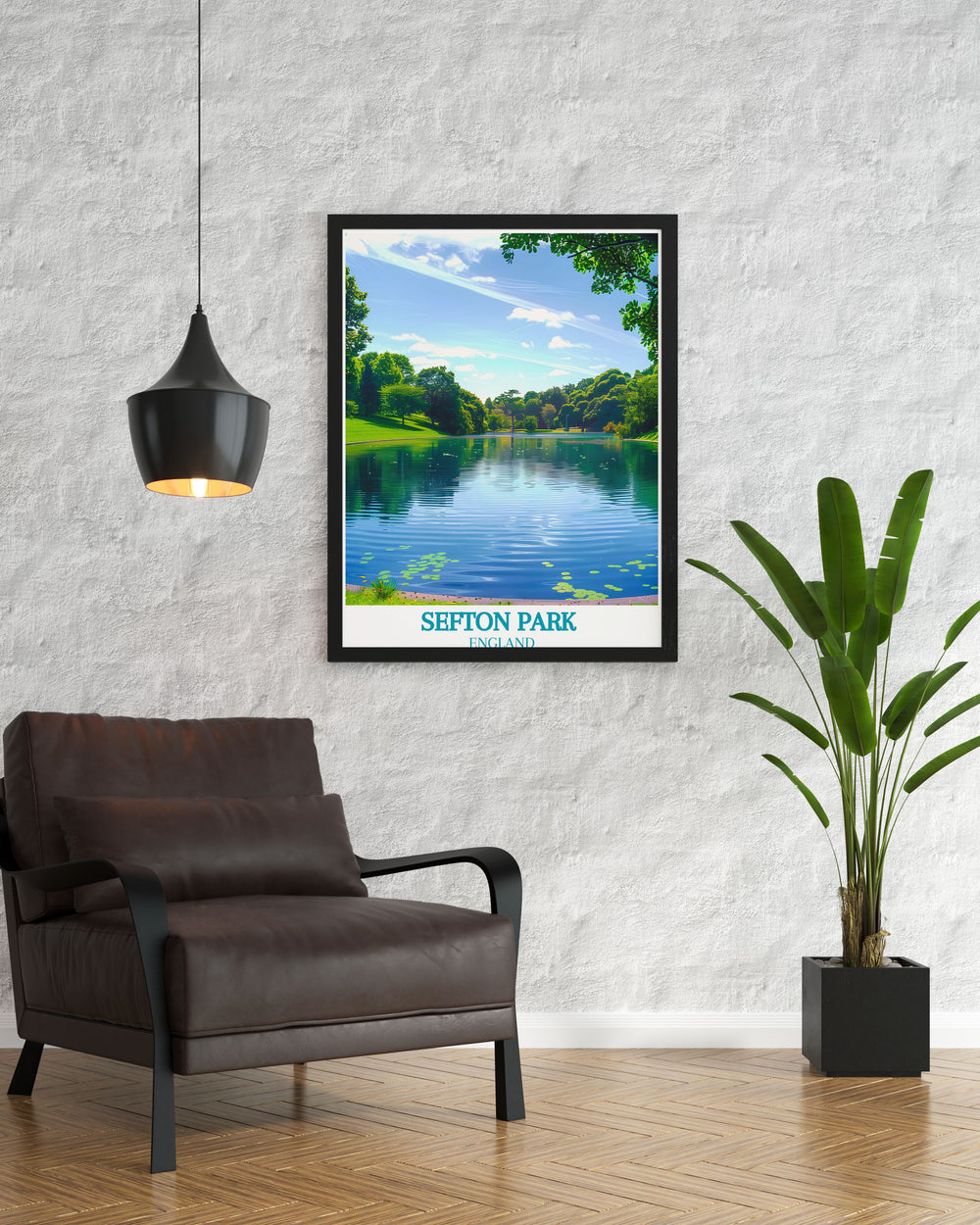 Vintage travel print showcasing Liverpools Sefton Park Lake and the historic Sefton Palm House. This wall art beautifully combines the tranquility of nature with architectural elegance, ideal for adding a touch of charm to any room.