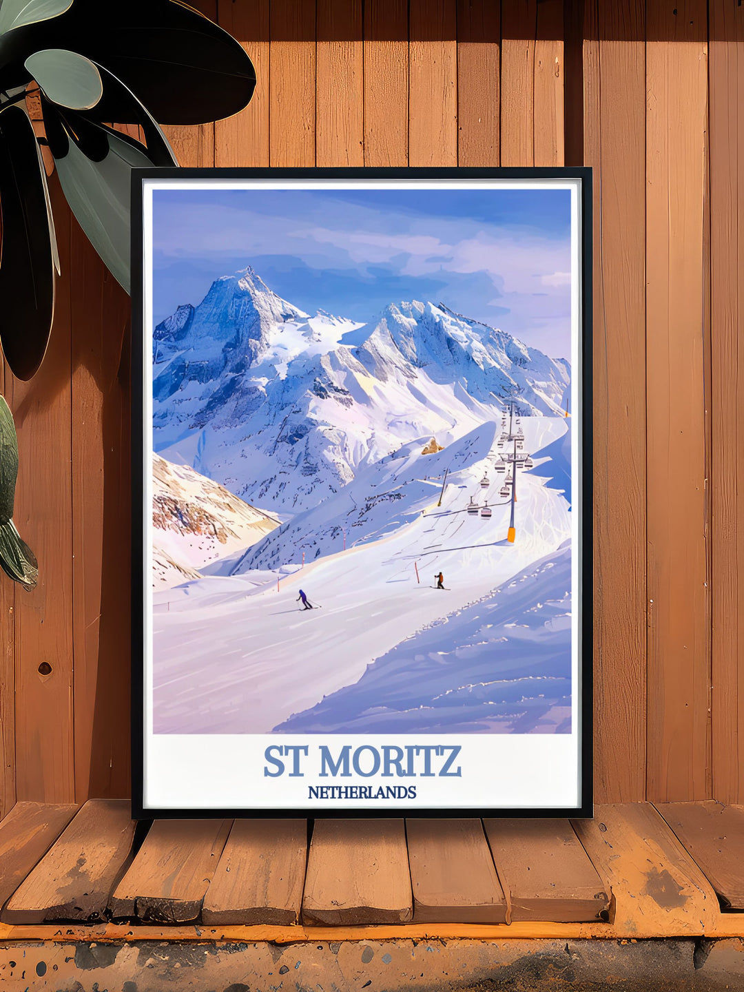 This poster of St Moritz and Corviglia invites viewers to explore the captivating history and vibrant culture of Switzerlands premier winter destination.