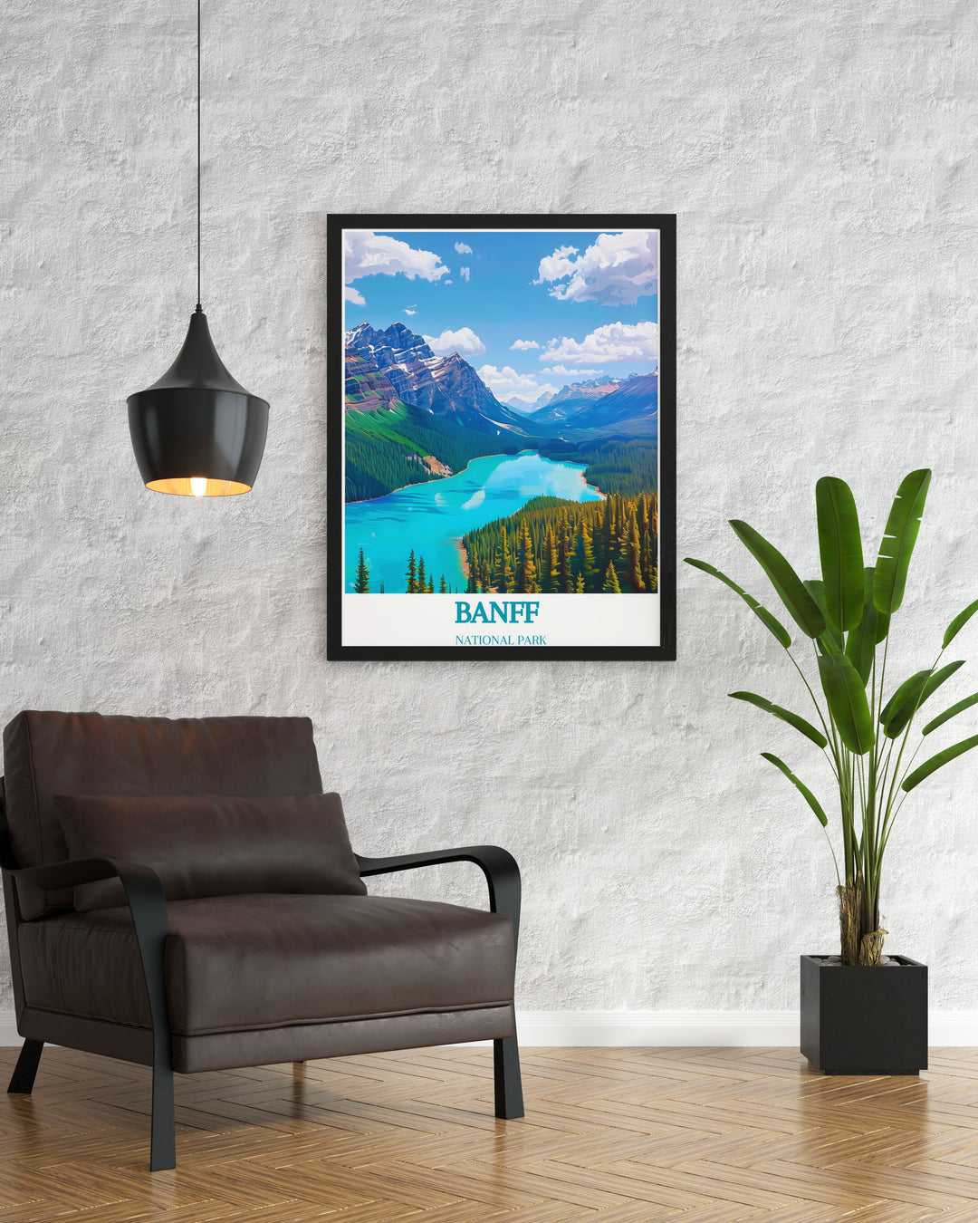 High quality print of Peyto Lake during the vibrant summer months, showcasing the lakes intense blue waters contrasted against a lush forest backdrop, perfect for adding a touch of natures majesty to any home decor.