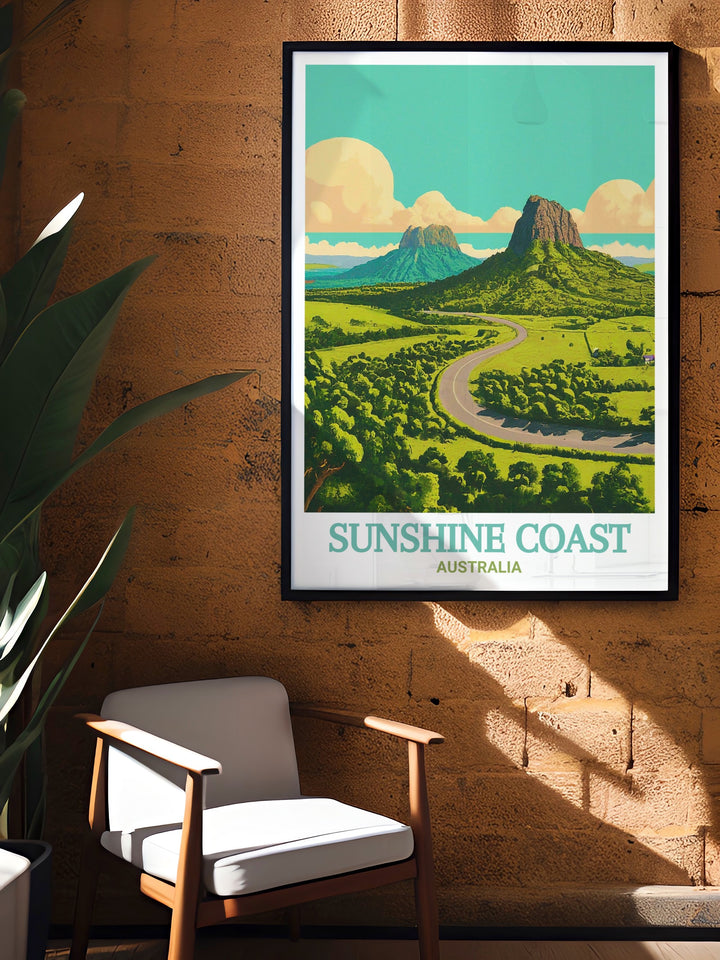 The Sunshine Coast and Glass House Mountains are featured in this detailed canvas art, offering a perfect balance of relaxation and adventure. This travel print brings the best of Australias landscapes into any living space.