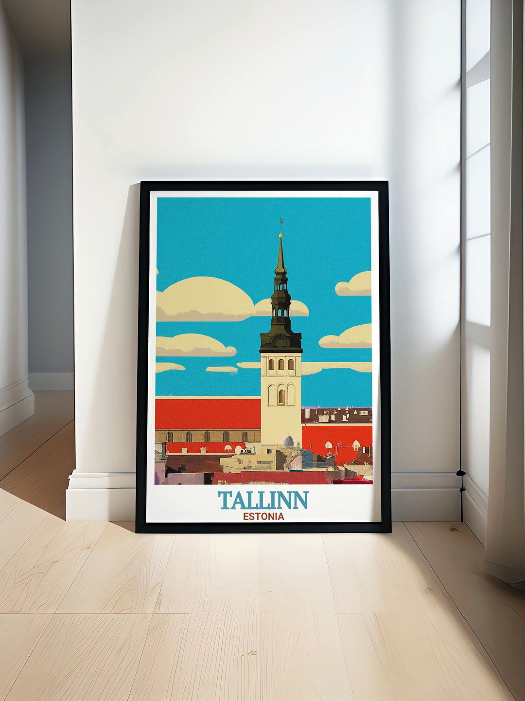 The detailed Toompea Castle travel print features the towering medieval structure atop Toompea Hill in Tallinn, Estonia. This poster highlights the historic charm of one of the countrys most significant landmarks, perfect for those who appreciate European history and architecture.