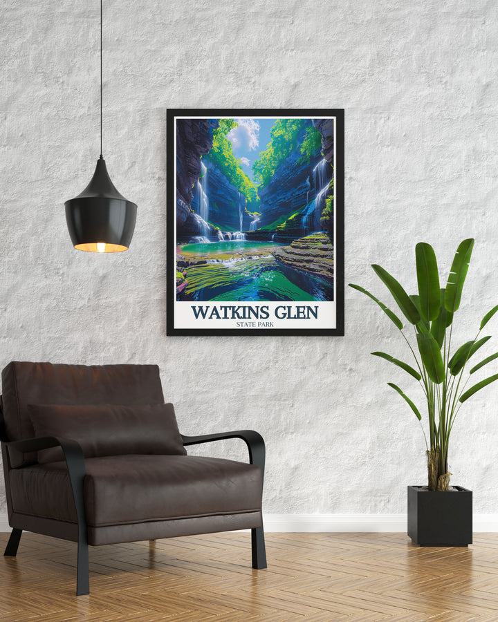 Bring the tranquility of Watkins Glen State Park into your home with this romantic fine art print. The detailed depiction of the parks cascading waterfalls and scenic gorges makes it a perfect piece for art lovers and travelers, adding a touch of New Yorks natural beauty and historical depth to any space.