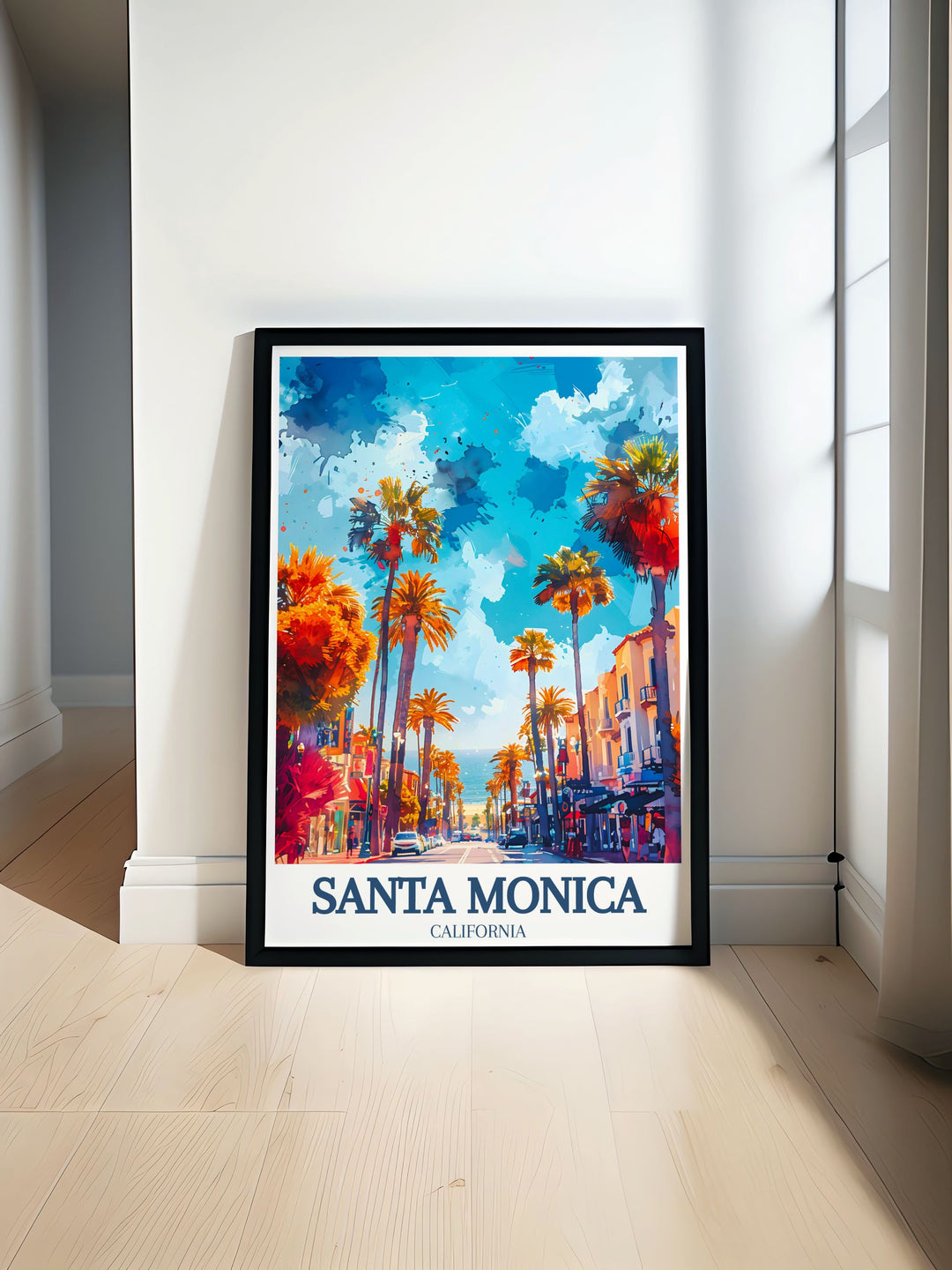 Santa Monica wall art featuring the iconic pier, lively Third Street Promenade, and the contemporary Santa Monica Place. This print is ideal for beach home decor or as a travel gift, capturing the essence of Southern Californias famous landmarks in bright, detailed artwork.