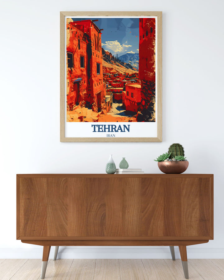 Modern Tehran city map print and Abyaneh village Karkas Mountains photo bringing a blend of contemporary aesthetics and traditional charm to your home decor