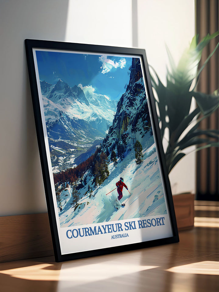 Highlighting the serene vistas of the Italian Alps and the vibrant skiing culture of Courmayeur, this travel poster is perfect for those who appreciate the scenic and luxurious richness of Italy.