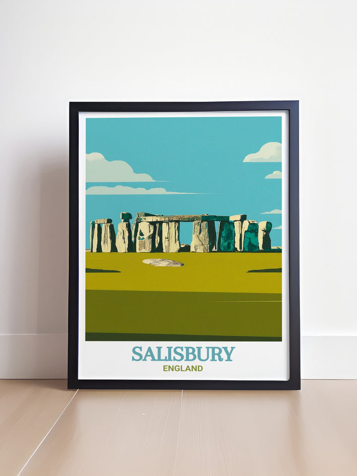 Travel print of Salisbury Cathedral and Stonehenge, designed to bring the majesty of these English landmarks into your home. Perfect for those who wish to celebrate Englands historical and cultural heritage.