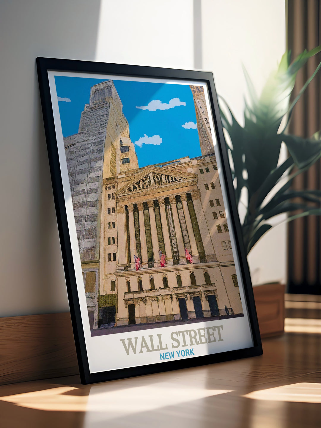 New York Skyline Travel Print features Wall Street and the New York Stock Exchange in a bold, modern design. Whether youre a finance professional or simply love the city, this print adds an elegant touch to any space.