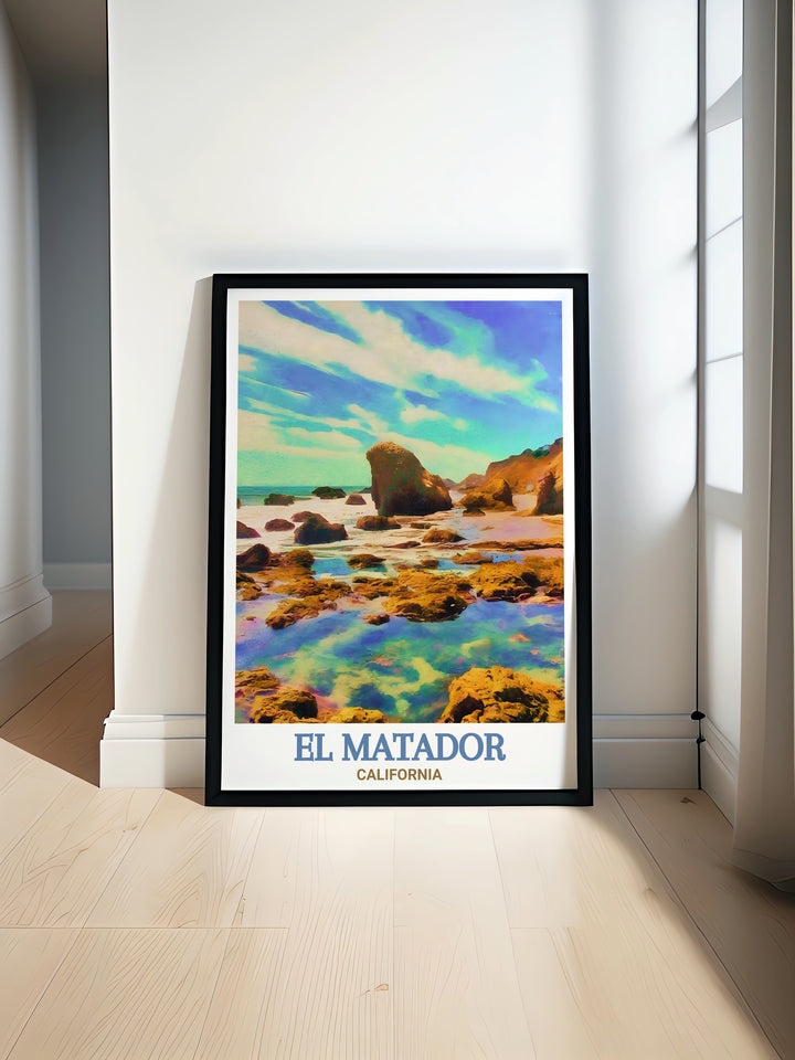 Tide Pools Travel Print features the vibrant and peaceful tide pools of El Matador Beach, California. This wall art is perfect for adding a touch of the oceans serenity to your home decor, ideal for beach and travel enthusiasts.