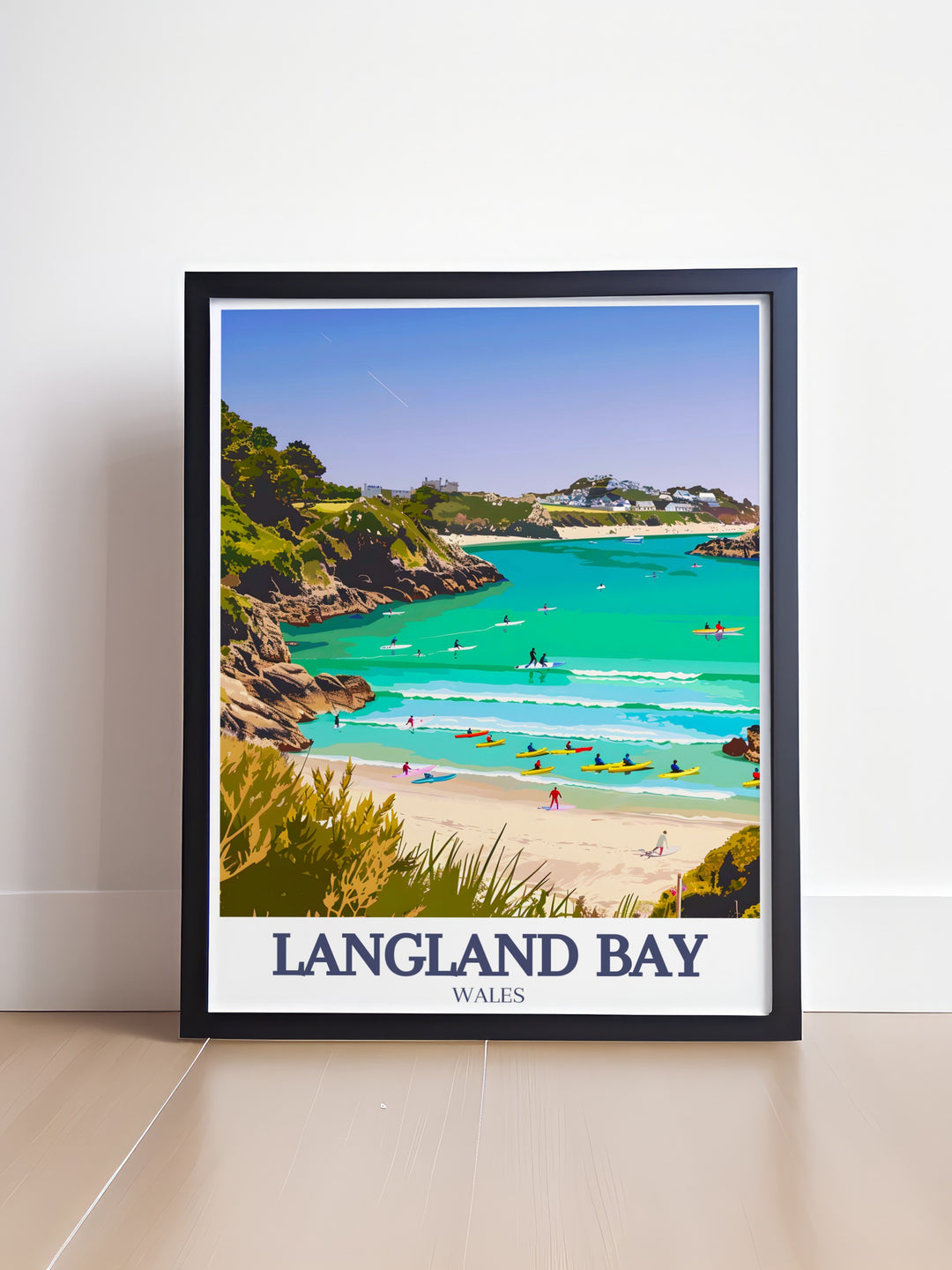 Caswell Bay Art Print showcases the natural beauty of Wales Gower Peninsula, highlighting its clear waters, sandy shores, and scenic hills. This vintage style travel poster adds a sense of coastal tranquility to any room, ideal for beach lovers and nature enthusiasts.