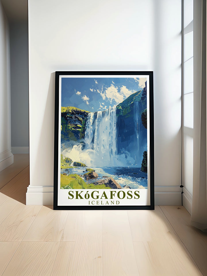 Skogafoss Waterfall Poster Print featuring the majestic flow of water cascading over rugged cliffs showcasing the power and grandeur of one of Icelands most iconic natural wonders ideal for enhancing your home with stunning Waterfall Wall Art and elegant decor