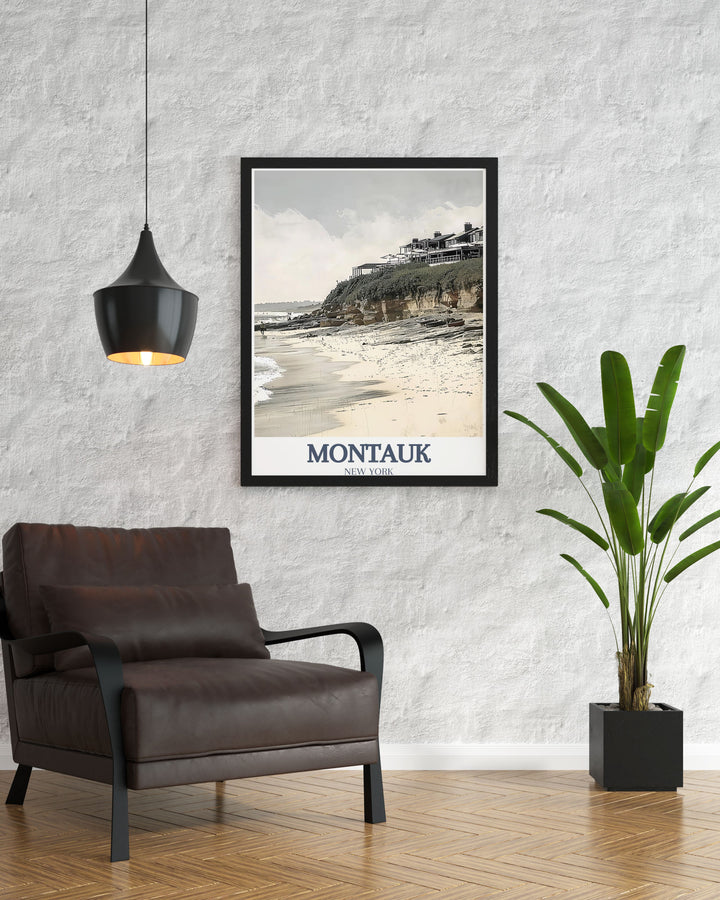 Fine line Montauk Art Print showcasing Ditch Plains Beach and Montauk Harbor modern design perfect for living room and anniversary gifts