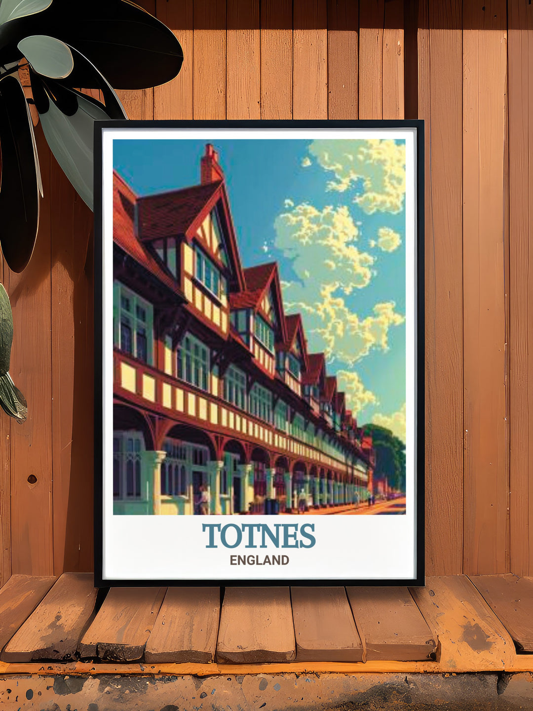 The Butterwalk in Totnes travel poster, showcasing the Elizabethan architectural beauty and historic significance of this landmark. A perfect piece for enhancing your home decor with a touch of English elegance and charm. Ideal for gifting.