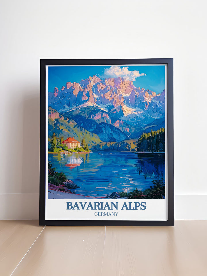Vibrant art print of the Bavarian Alps, highlighting the blend of dramatic mountain landscapes and serene lakes with Zugspitze and Eibsee Lake in the background. Ideal for adding a touch of Germanys natural charm to your decor.