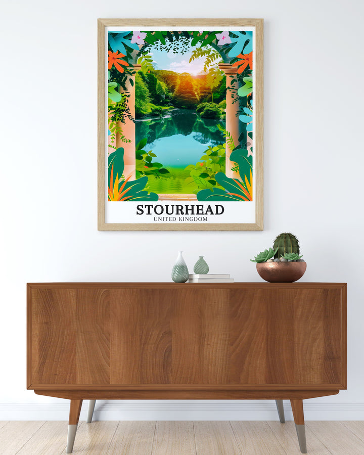 Stourhead Travel Poster capturing the enchanting vistas of Stourhead Gardens in Wiltshire, with a focus on the Temple of Flora, perfect for adding a touch of British heritage to your walls.