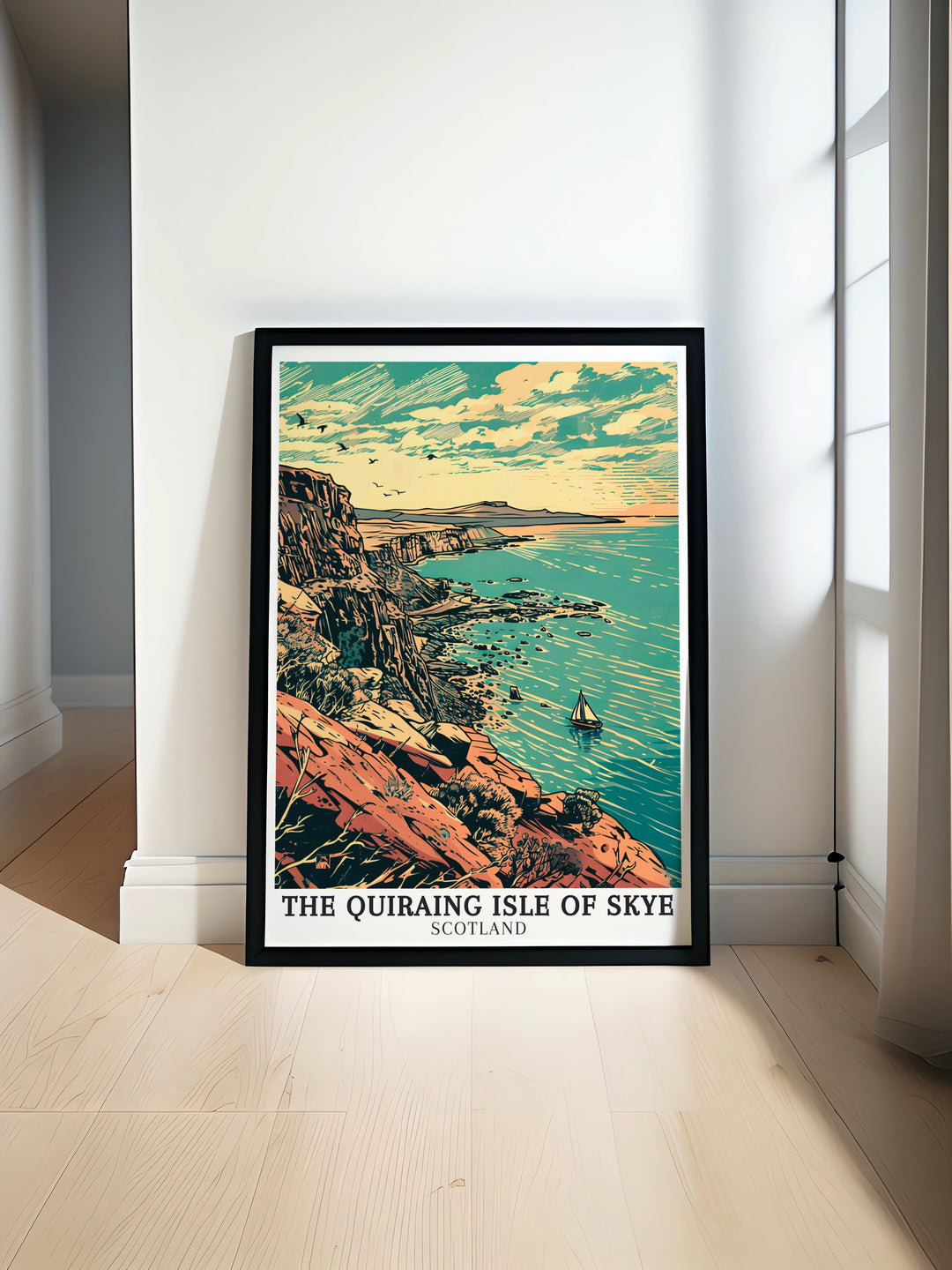 The Quiraing Isle of Skye Travel Print showcasing the rugged beauty of Trotternish Ridge and Staffin Bay highlighting the distinctive rock formations and lush green hills perfect for adding a touch of Scottish adventure to your home decor.