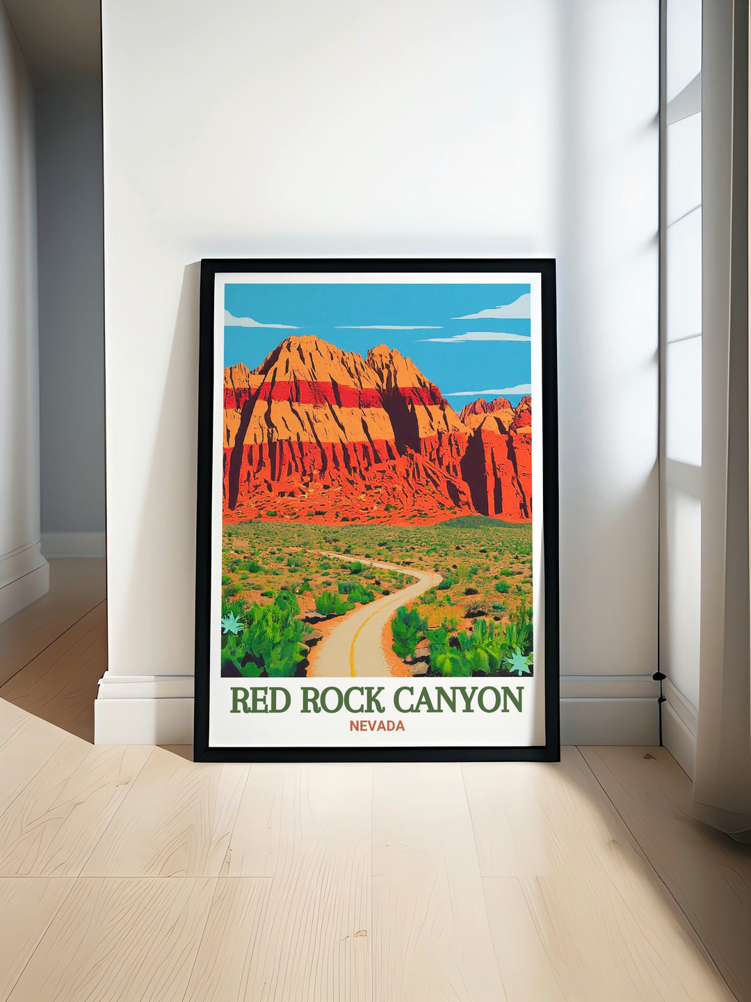 Red Rock Canyon poster print highlighting the natural beauty of Nevada and the striking Red Rock Escarpment perfect for enhancing your living room decor with elegant wall art featuring the vibrant colors of the desert landscape.