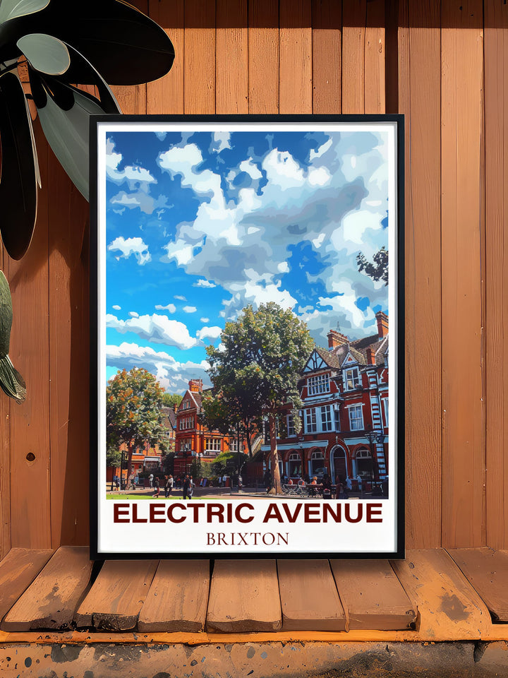 Brixtons diverse culture and historic significance are celebrated in this poster, featuring the iconic Electric Avenue and Windrush Square, inviting you to explore their colorful paths and lively scenes.