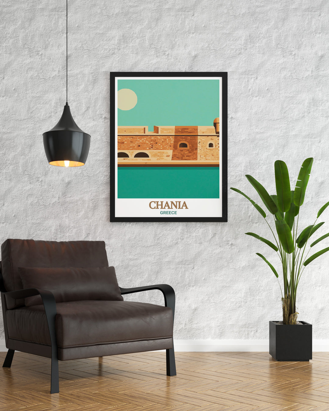 Capture the spirit of a Greek island getaway with this travel poster, highlighting the historic Firkas Fortress and the scenic views of Chania. Perfect for lovers of Greek culture and Mediterranean landscapes.