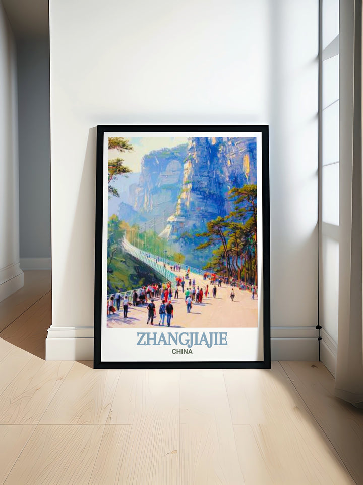 Zhangjiajie China art print showcasing the breathtaking Glass Bridge of Zhangjiajie Grand Canyon perfect for adding a touch of Chinese decor to your living room or office space