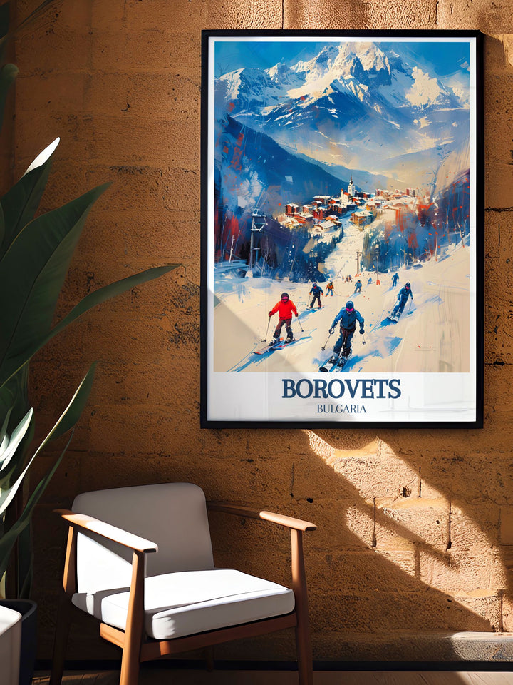 Stunning Borovets ski resort art print highlighting the vibrant slopes and the breathtaking views of Musala Peak, ideal for skiing enthusiasts and nature lovers.