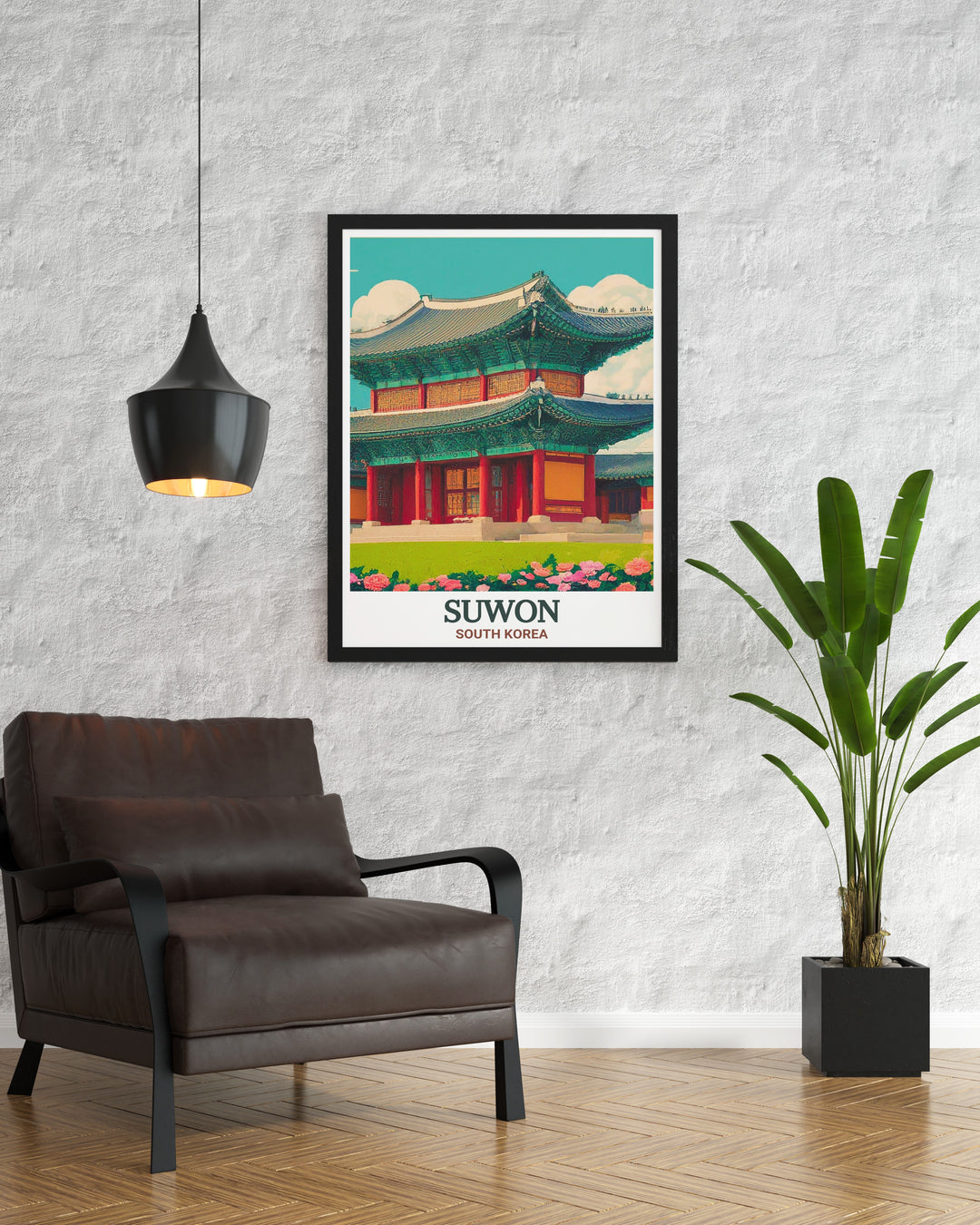 A stunning portrayal of Hwaseong Haenggung Palace, located in Suwon, South Korea. This vibrant travel print is perfect for those looking to add South Korean history and culture to their home décor, making it a thoughtful gift or personal treasure.