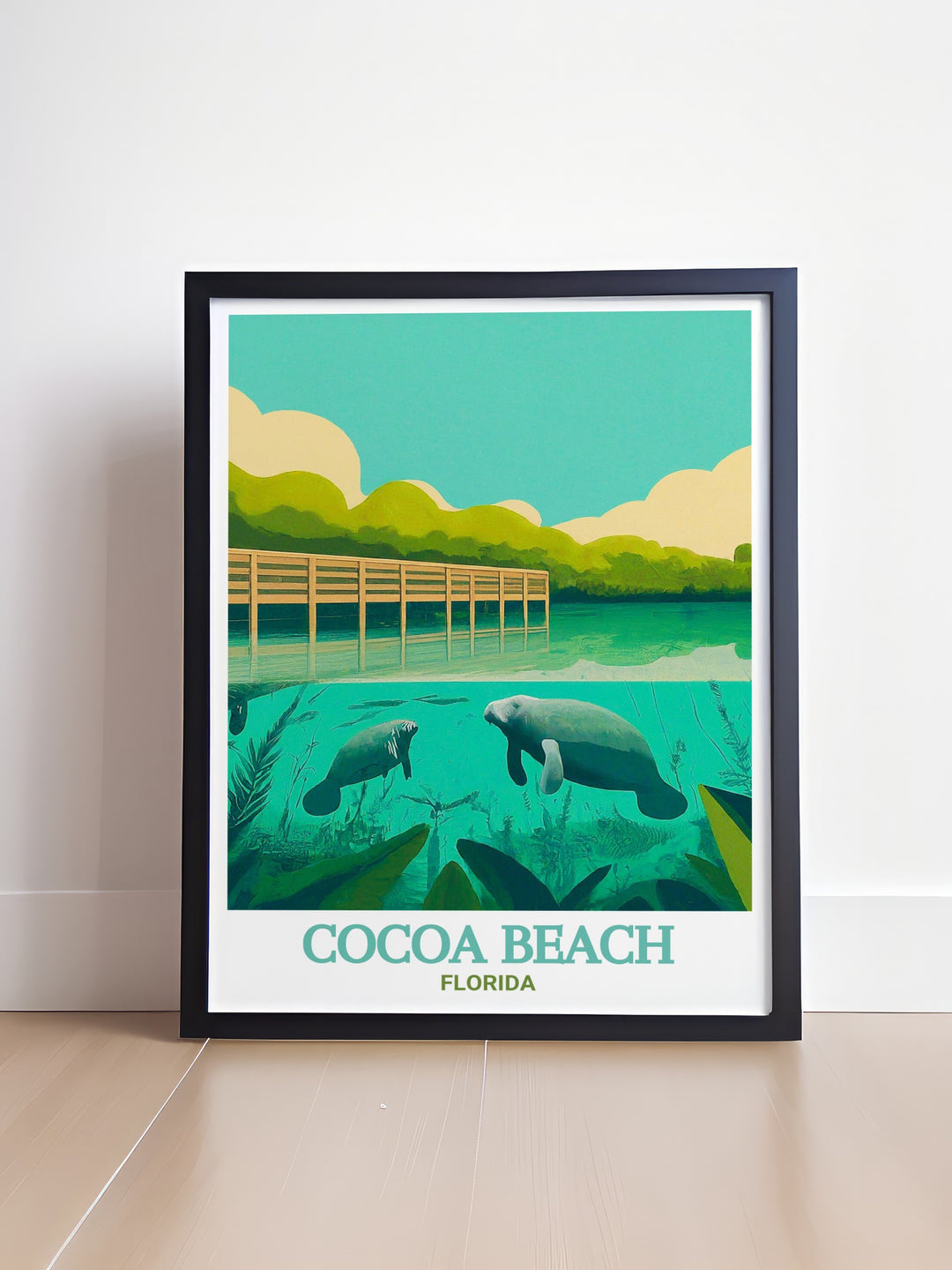 Art print showcasing the vibrant beauty of Cocoa Beach and Manatee Sanctuary Park in Florida. This piece brings the parks natural charm into your home, featuring detailed illustrations of its picturesque scenery, ideal for creating a coastal atmosphere in any room.